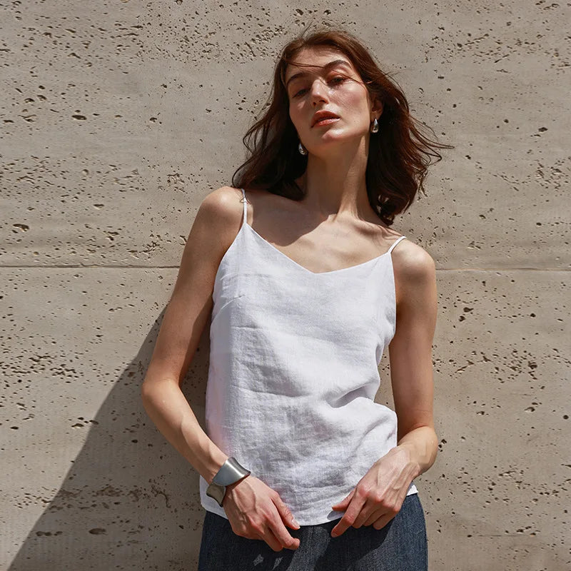 Anna-Berg | Natural Relaxed-Fit V-Neck Linen Camisole Top