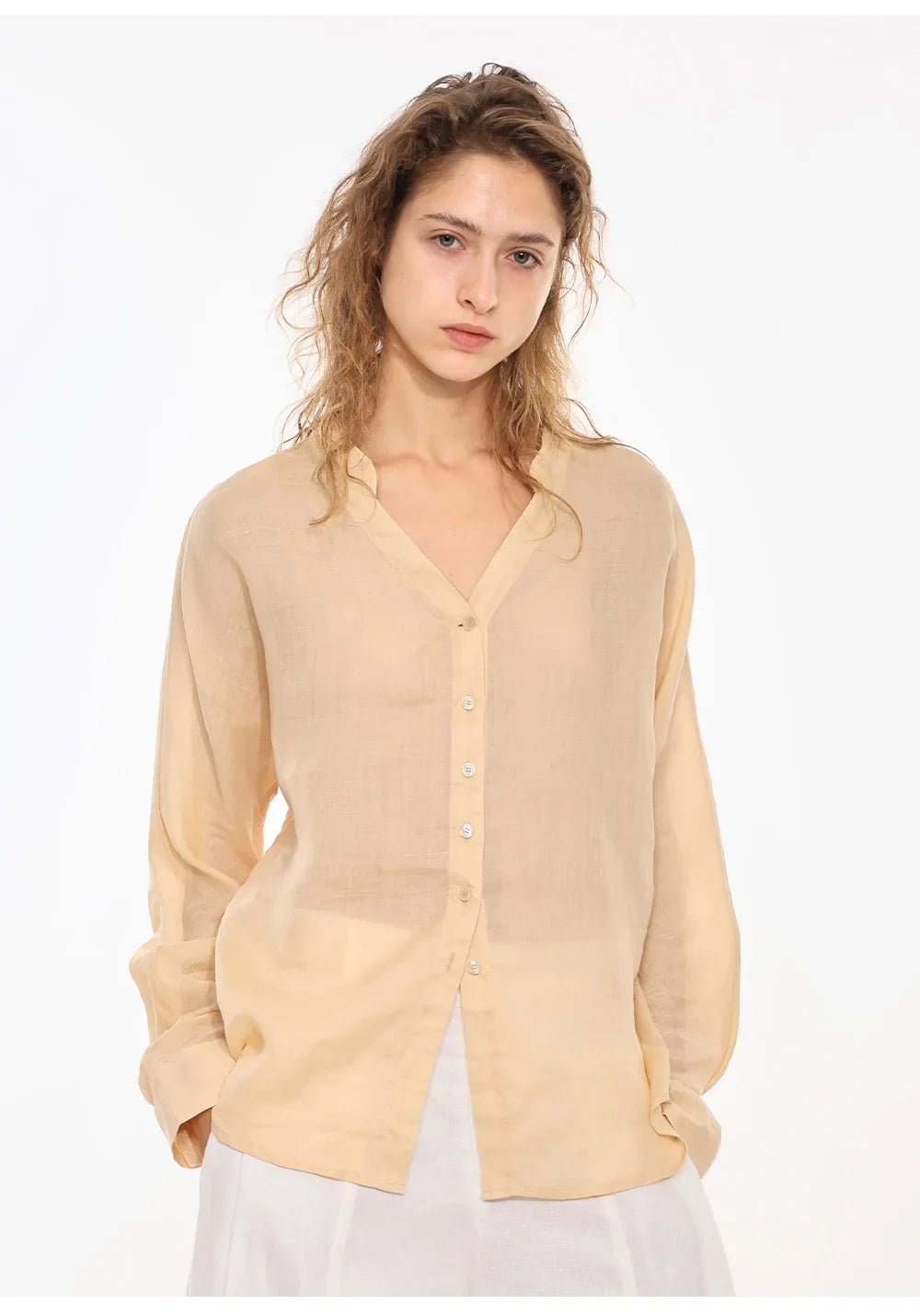 Anna-Berg | Collarless V-Neck Linen Shirt
