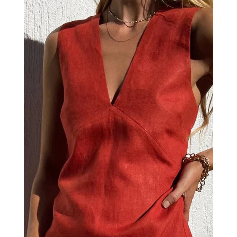 Anna-Berg | V-Neck Sleeveless Linen Mini Dress