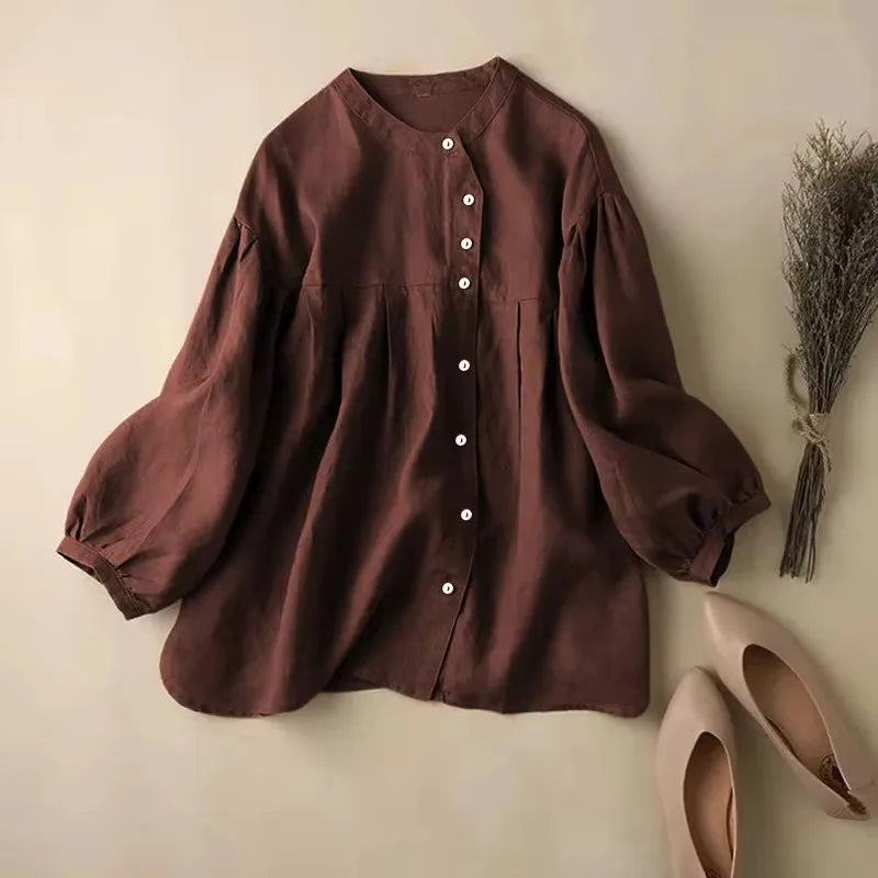 Anna-Berg | Ivory Gathered Lantern-Sleeve Cotton Blouse