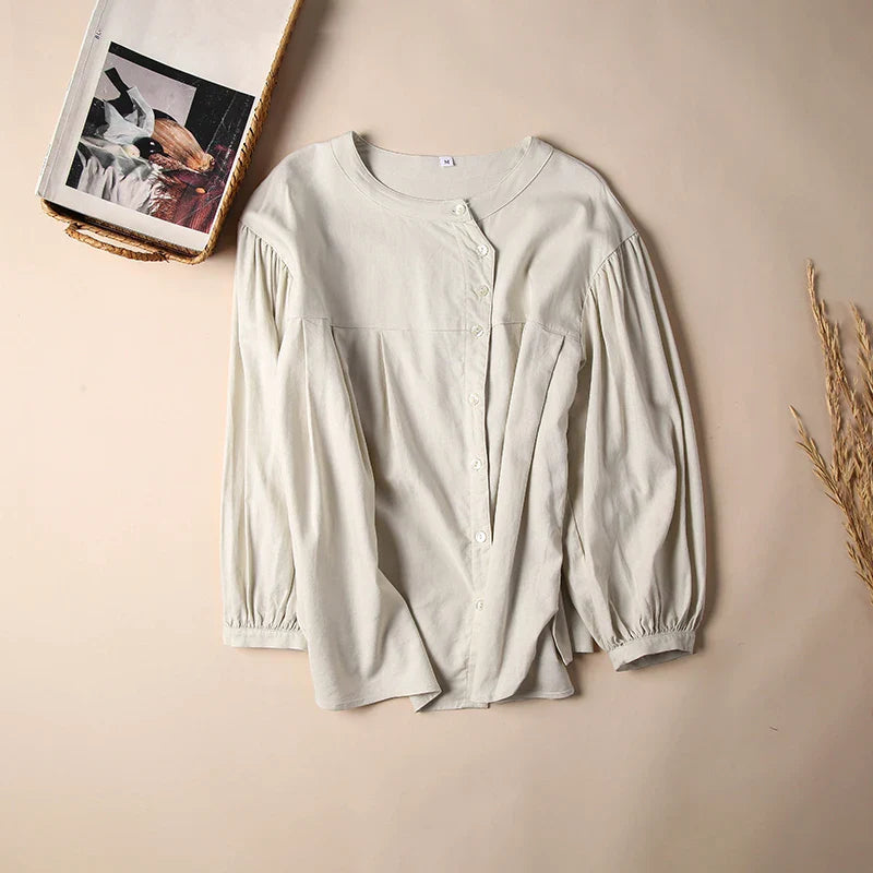 Anna-Berg | Ivory Gathered Lantern-Sleeve Cotton Blouse