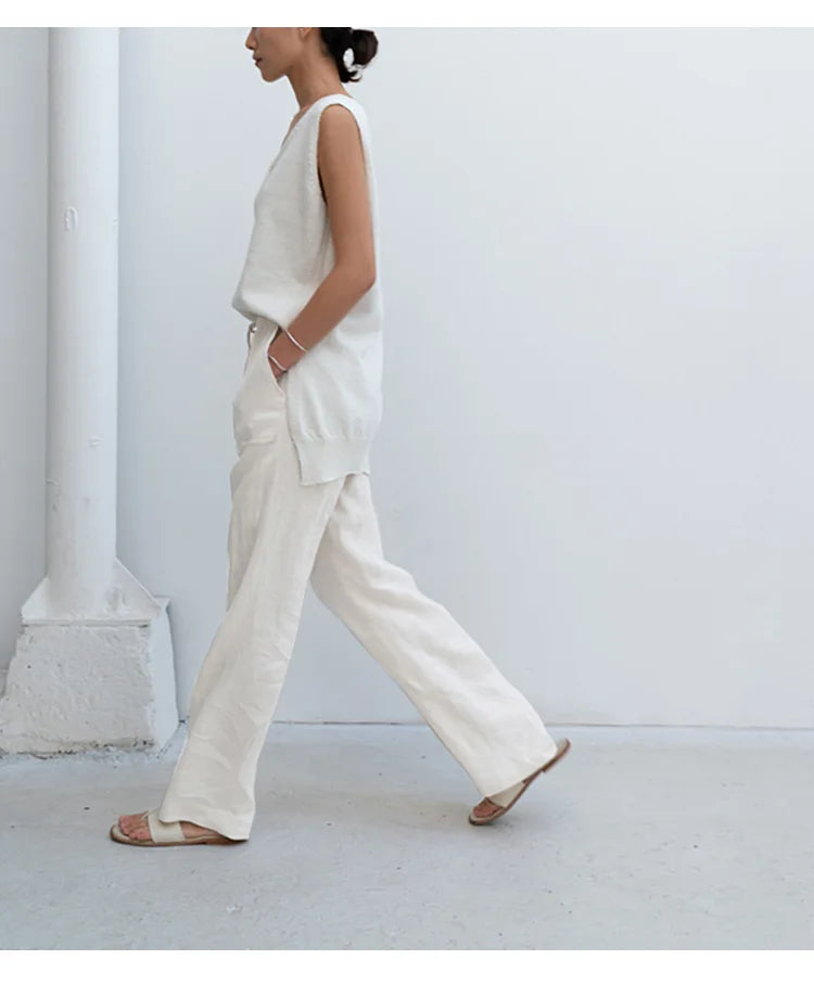 Anna-Berg | Sand Drawstring Straight-Leg Linen Pants