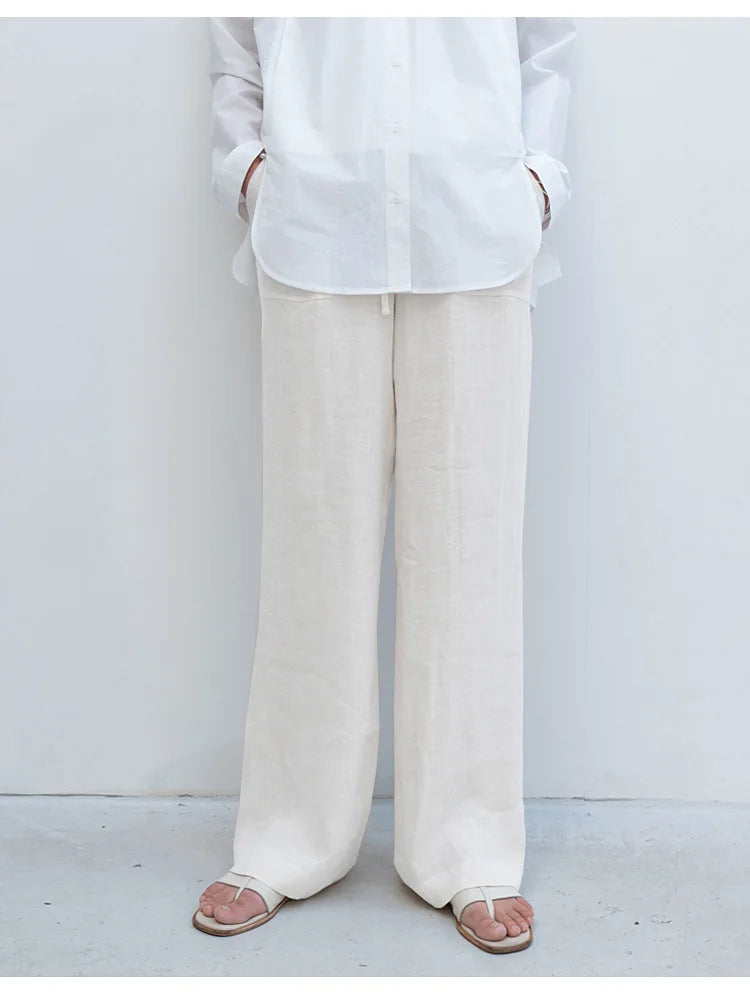 Anna-Berg | Sand Drawstring Straight-Leg Linen Pants