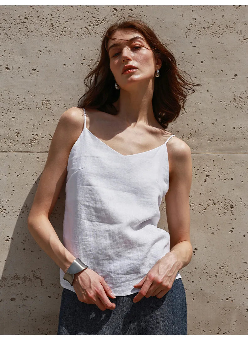 Anna-Berg | Natural Relaxed-Fit V-Neck Linen Camisole Top