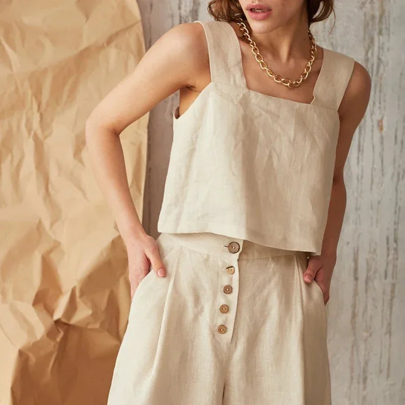 Anna-Berg | Natural Square-Neck Cropped Linen Tank