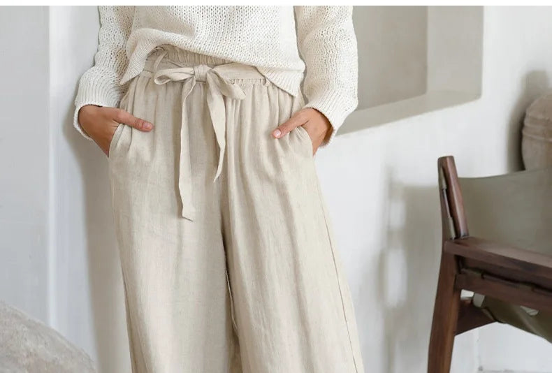 Anna-Berg | Ruffle-Waist Wide-Leg Linen Pant