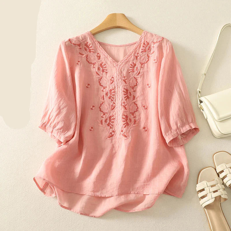 Anna-Berg | Ivory V-Neck Cotton Blouse
