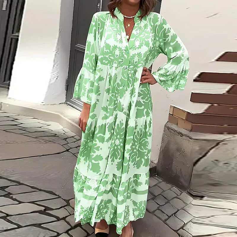 Anna-Berg | Boho Printed Long Sleeve Midi Dress with Graceful Drape