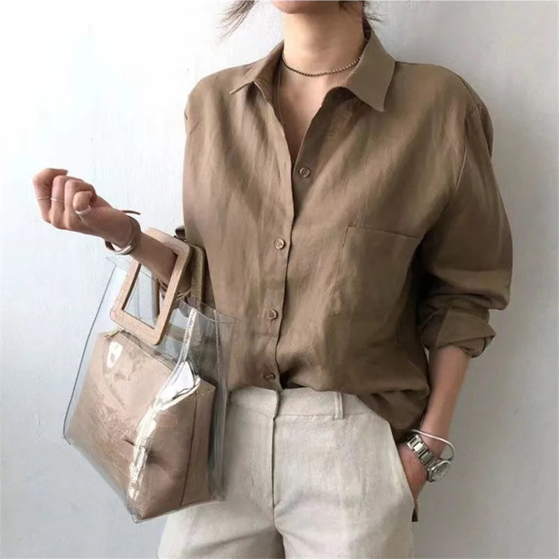 Anna-Berg | Natural Relaxed Fit Open Collar Linen Shirt