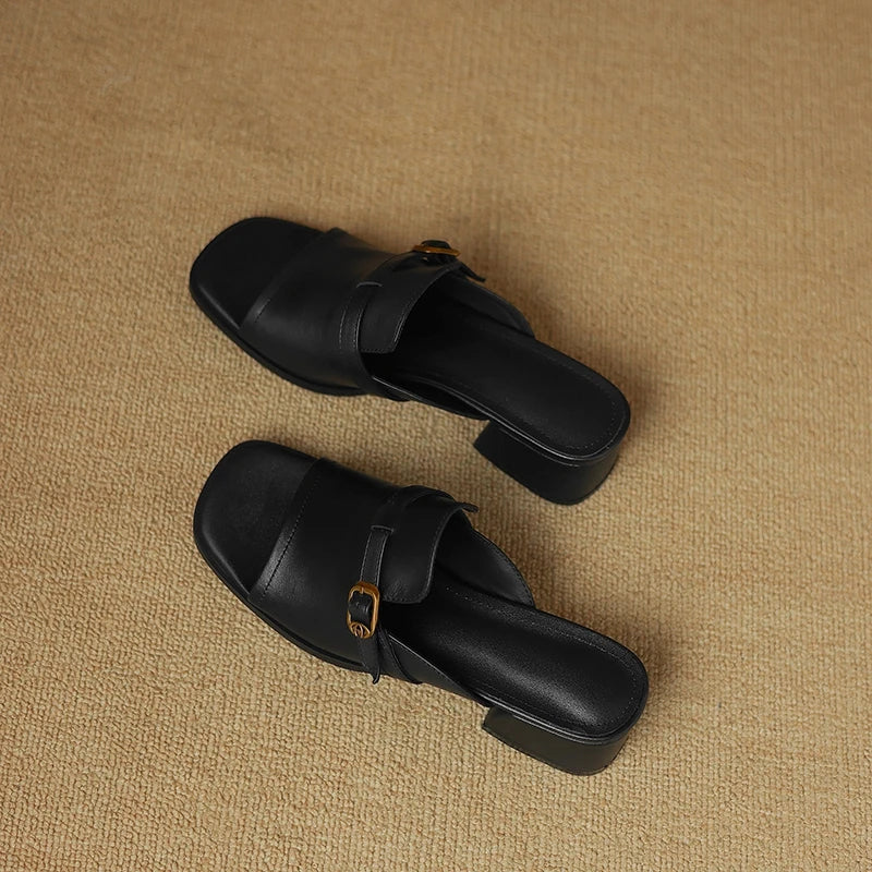 Anna-Berg | Black Adjustable Buckle Leather Slide