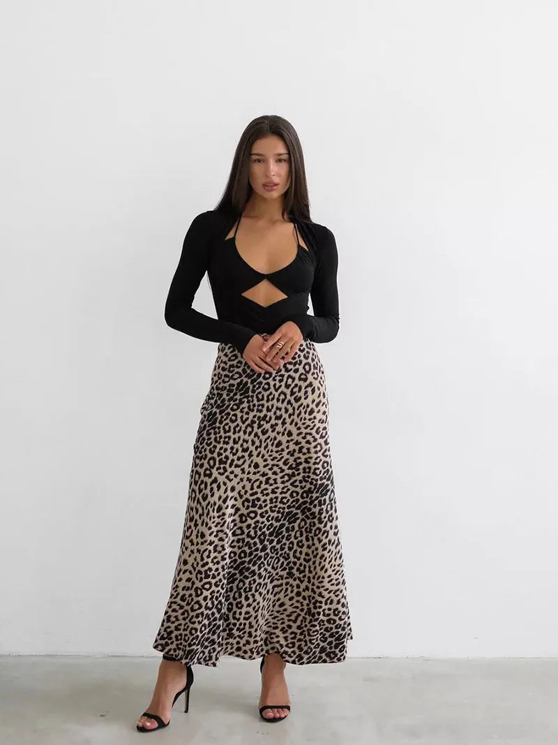 Anna-Berg | Brown Leopard-Print Satin Midi Skirt