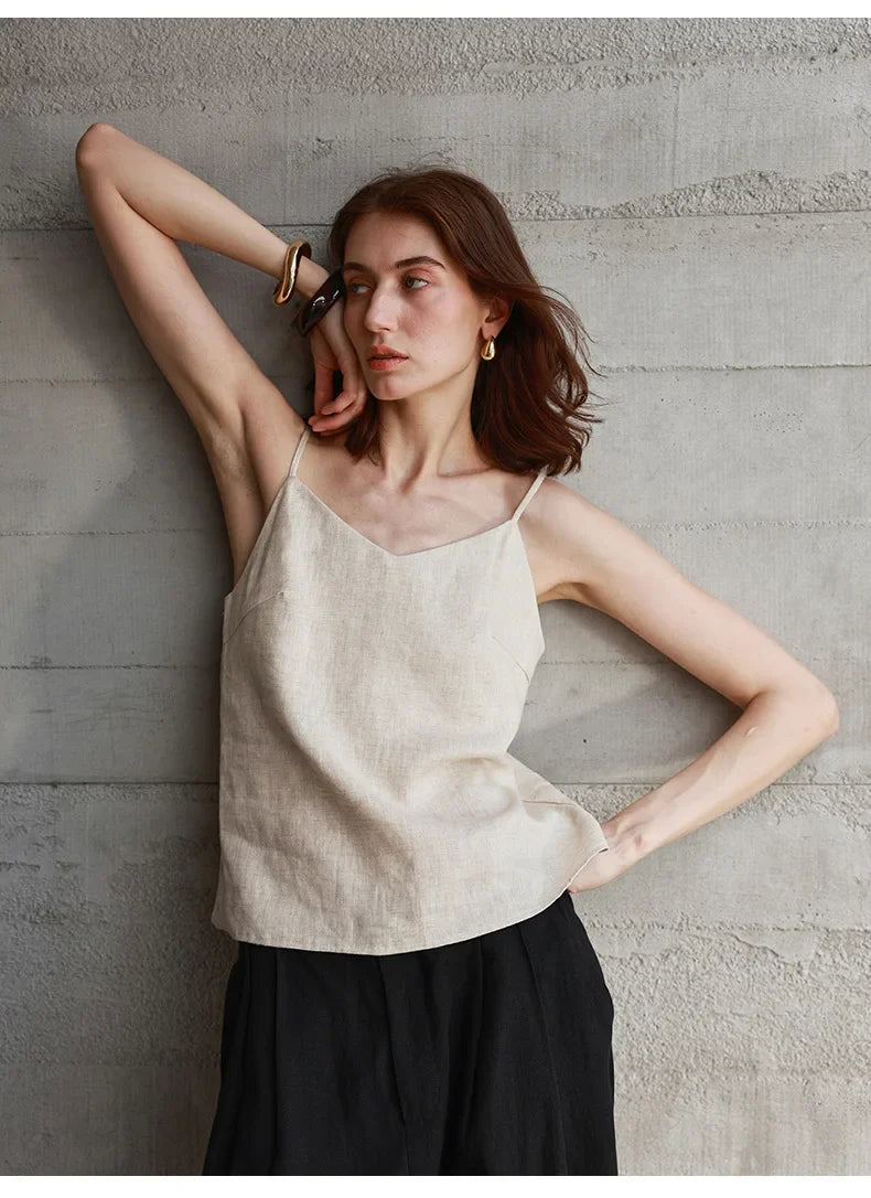 Anna-Berg | Natural Relaxed-Fit V-Neck Linen Camisole Top