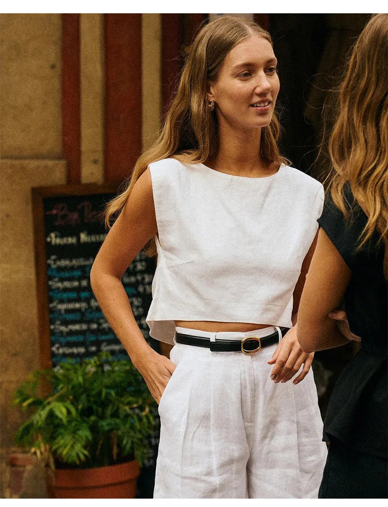 Anna-Berg | Natural Boxy Cropped Linen Top