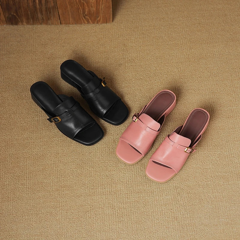 Anna-Berg | Black Adjustable Buckle Leather Slide