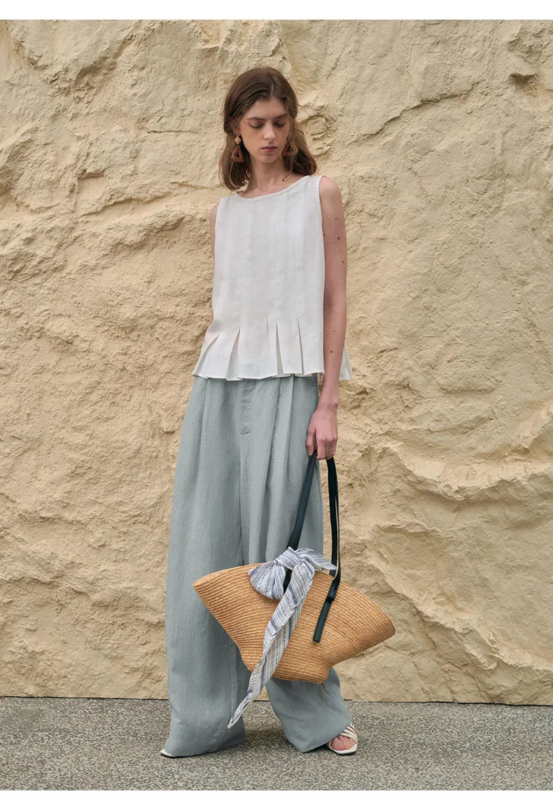 Anna-Berg | Sand Pleated Wide-Leg Linen Pant