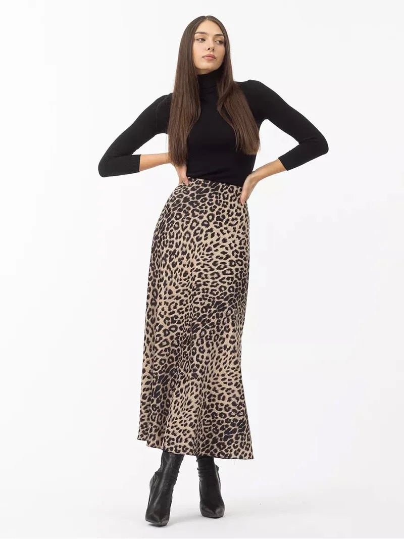 Anna-Berg | Brown Leopard-Print Satin Midi Skirt