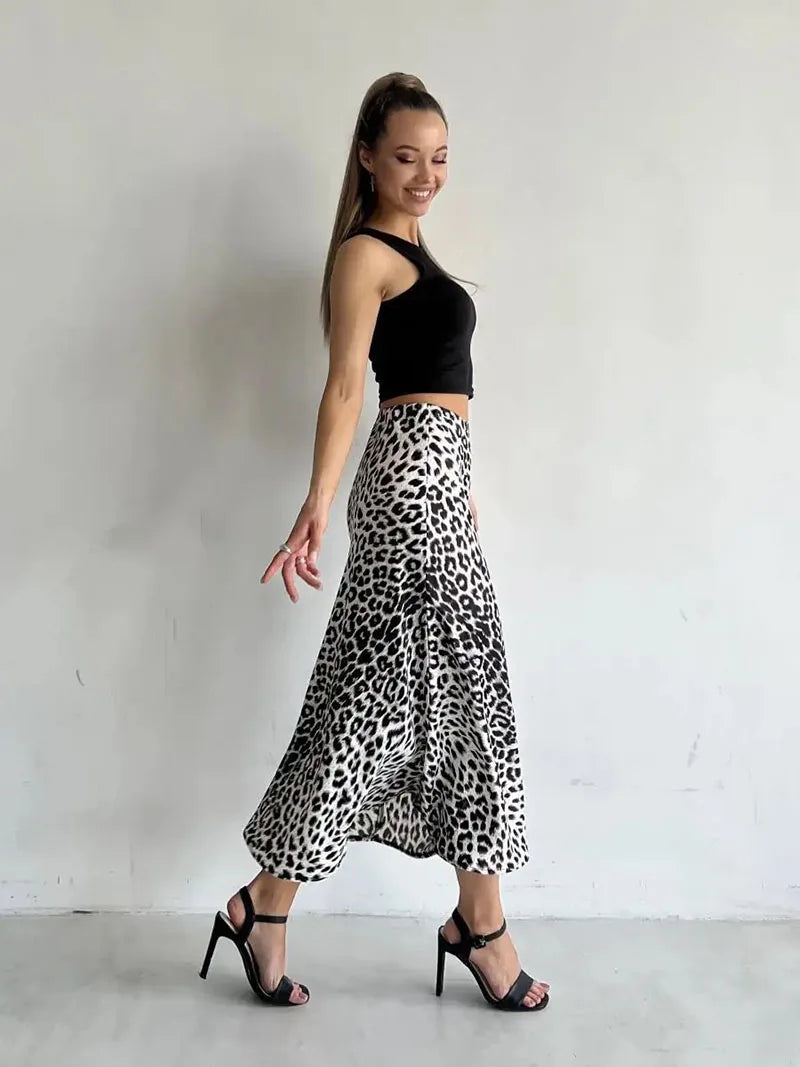 Anna-Berg | Brown Leopard-Print Satin Midi Skirt