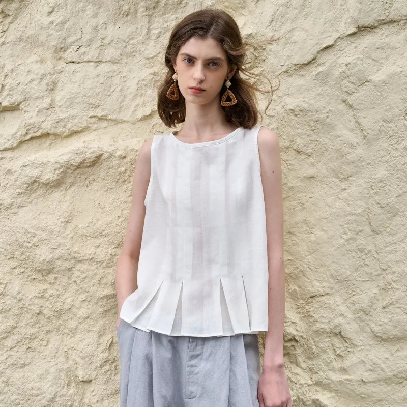 Anna-Berg | Natural Pleated Hem Linen Top