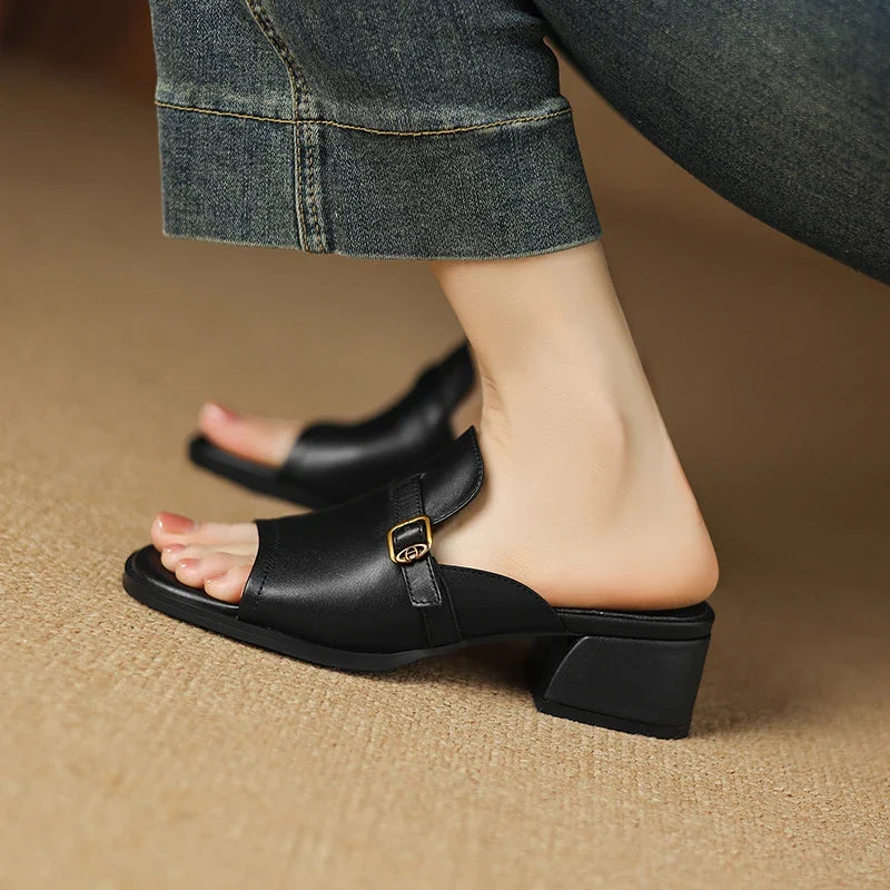 Anna-Berg | Black Adjustable Buckle Leather Slide
