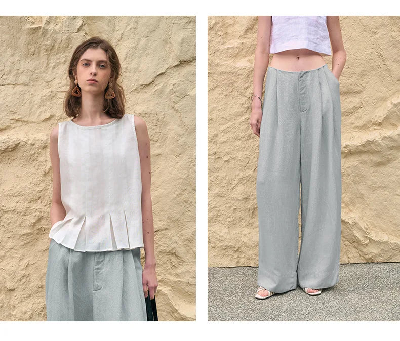 Anna-Berg | Sand Pleated Wide-Leg Linen Pant