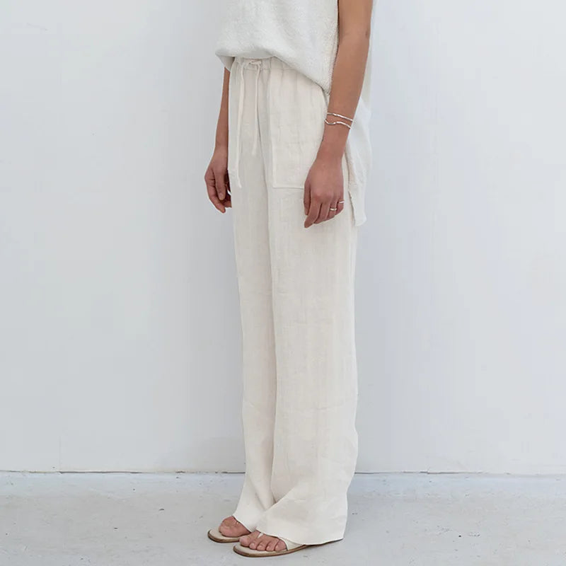Anna-Berg | Sand Drawstring Straight-Leg Linen Pants