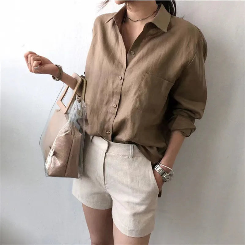 Anna-Berg | Natural Relaxed Fit Open Collar Linen Shirt