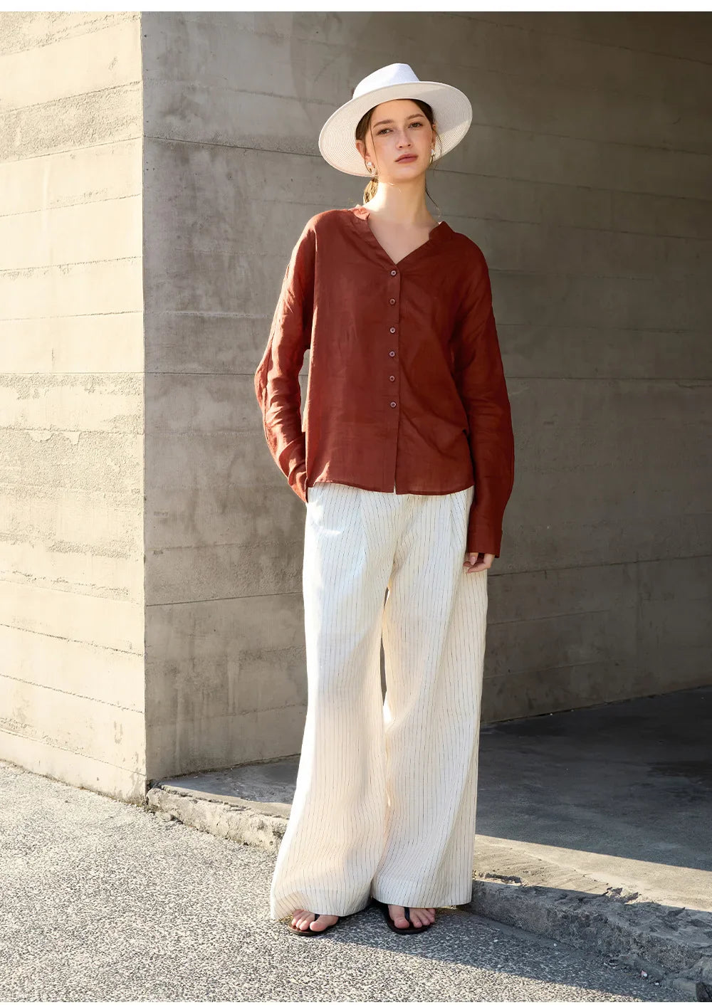 Anna-Berg | Collarless V-Neck Linen Shirt