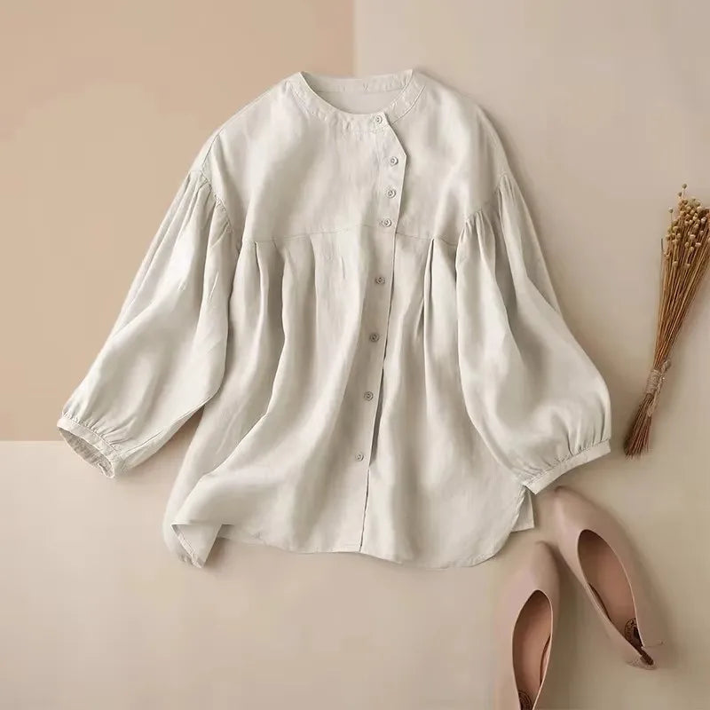 Anna-Berg | Ivory Gathered Lantern-Sleeve Cotton Blouse