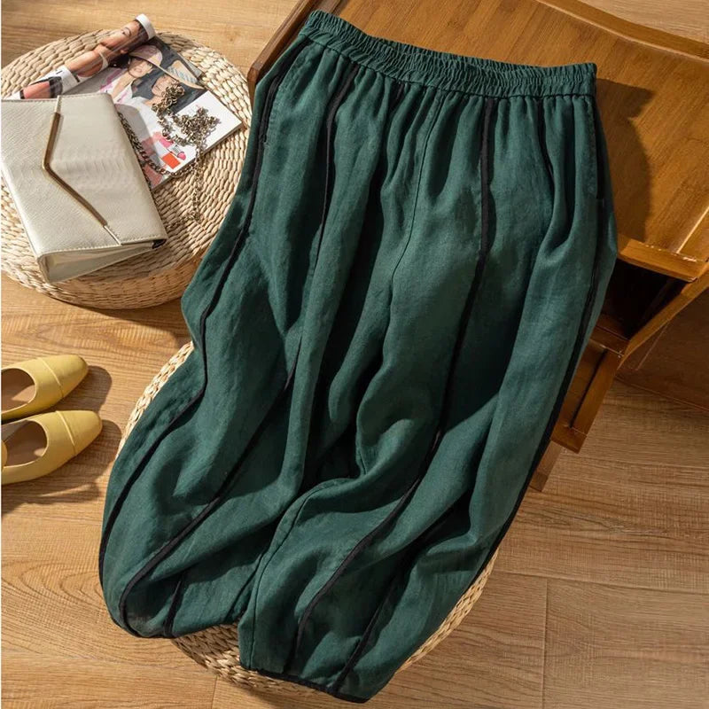 Anna-Berg | Green Striped Wide-Leg Linen Pant