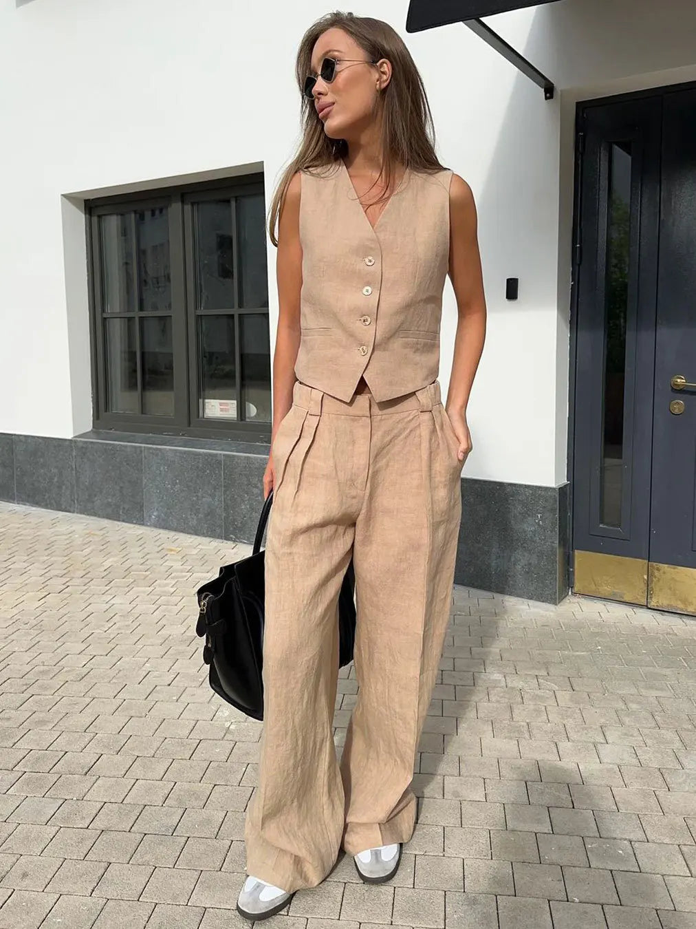 Anna-Berg | Natural Relaxed-Fit Belted Linen Trouser Set