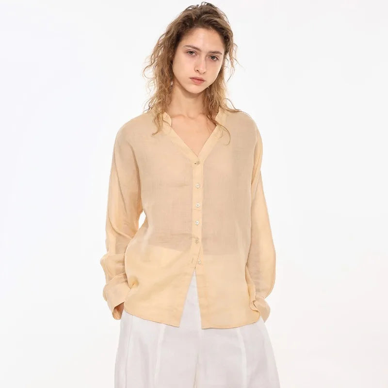 Anna-Berg | Collarless V-Neck Linen Shirt