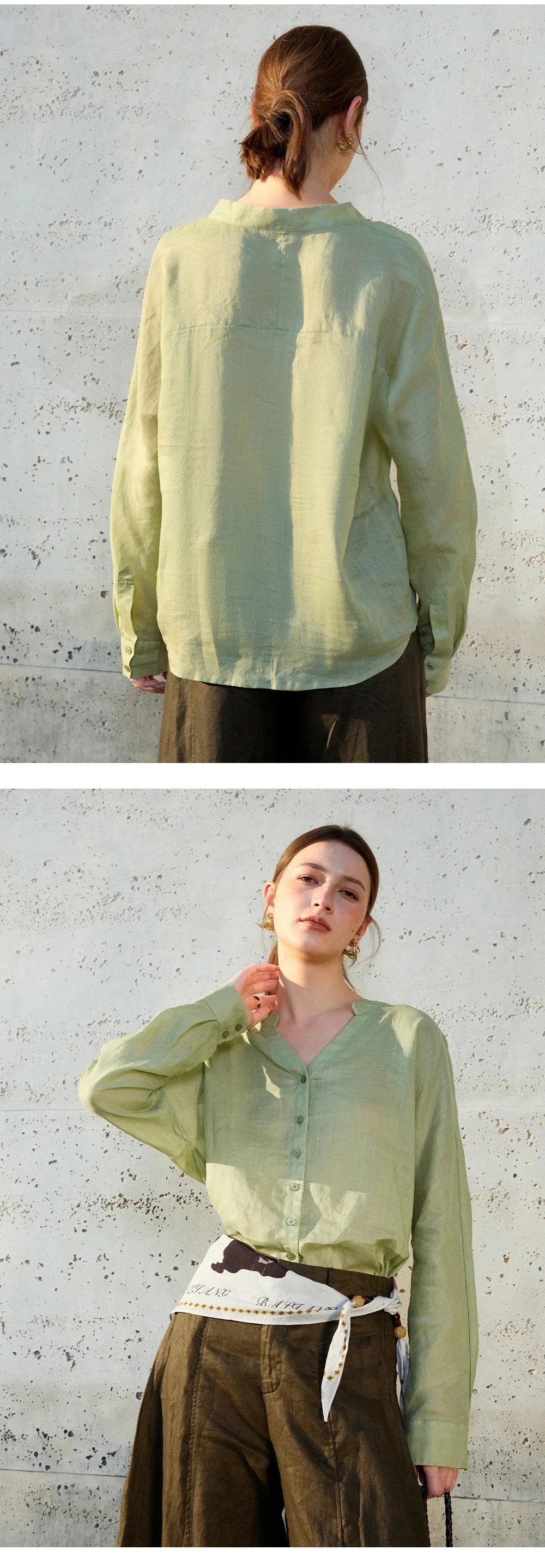 Anna-Berg | Collarless V-Neck Linen Shirt