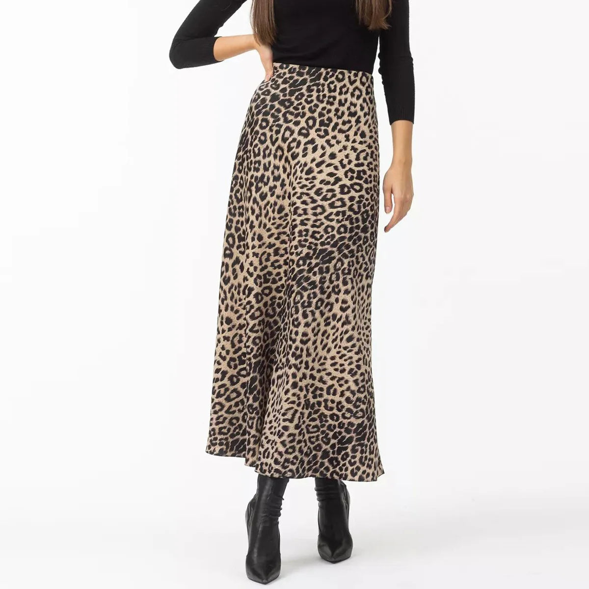 Anna-Berg | Brown Leopard-Print Satin Midi Skirt