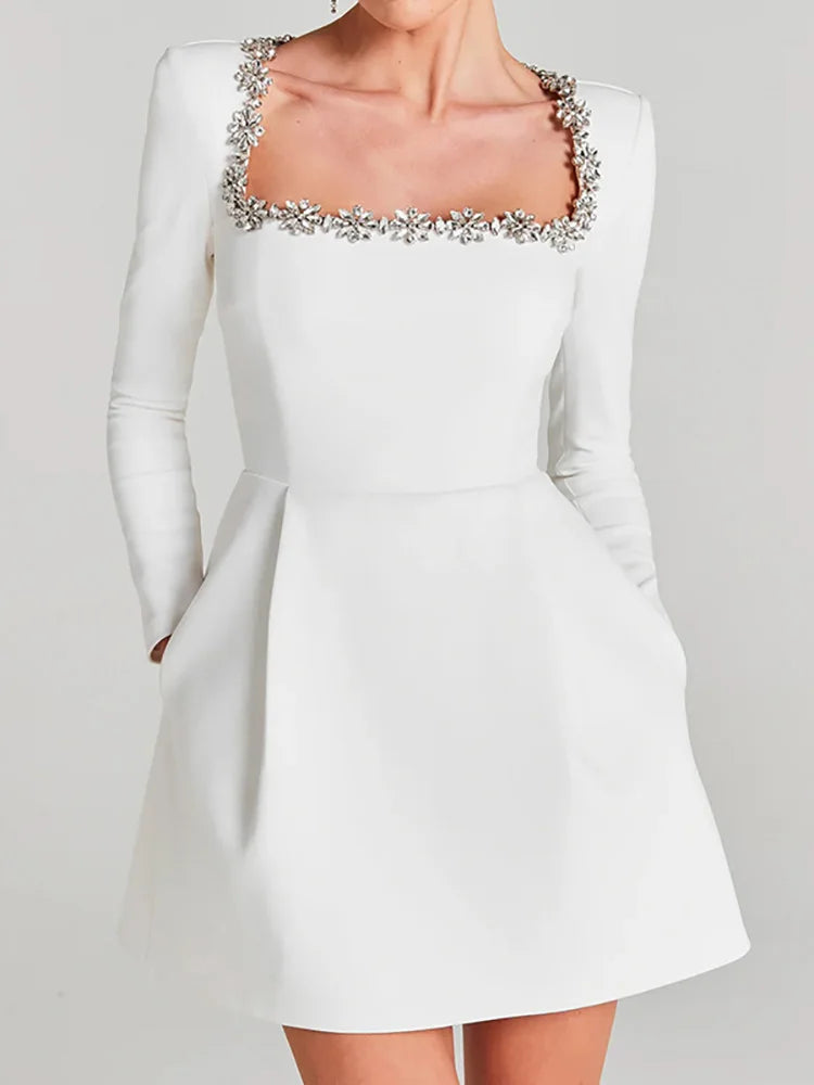 Anna-Berg | Mini Dress, Long Sleeve, White, Jewel Trim
