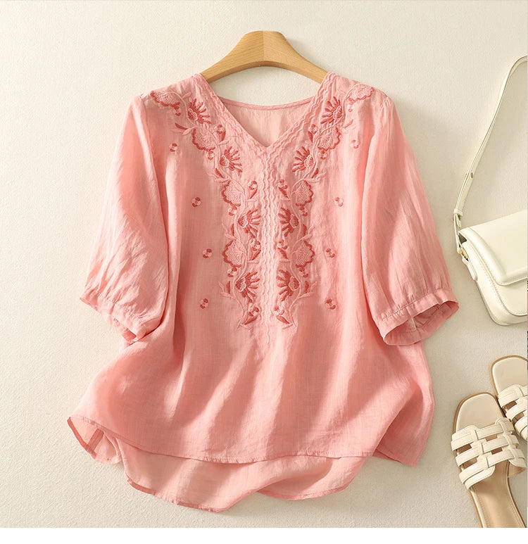 Anna-Berg | Ivory V-Neck Cotton Blouse
