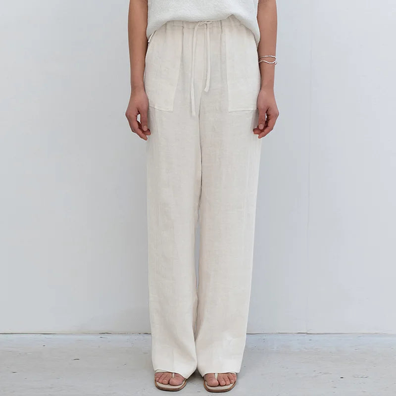 Anna-Berg | Sand Drawstring Straight-Leg Linen Pants