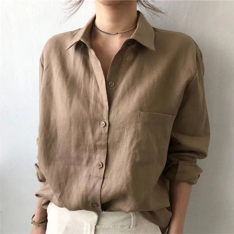 Anna-Berg | Natural Relaxed Fit Open Collar Linen Shirt