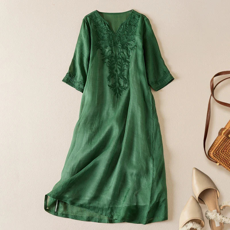 Anna-Berg | Ivory Floral-Embroidered Cotton Midi Dress