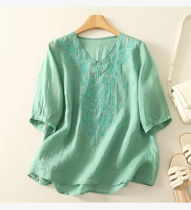 Anna-Berg | Ivory V-Neck Cotton Blouse