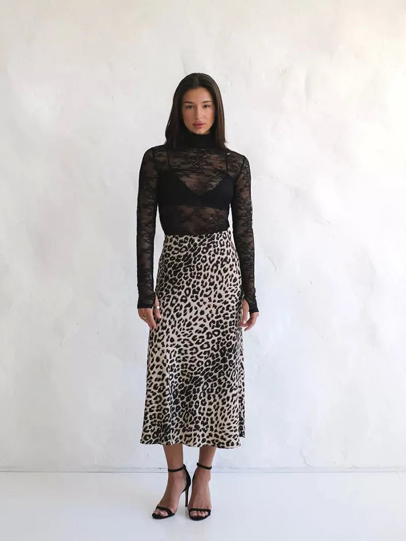 Anna-Berg | Brown Leopard-Print Satin Midi Skirt