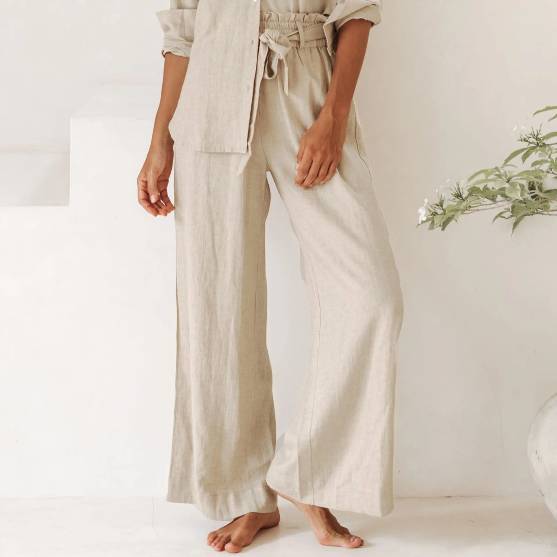 Anna-Berg | Ruffle-Waist Wide-Leg Linen Pant