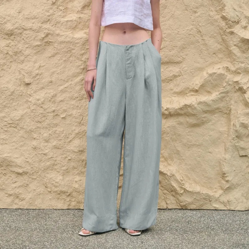 Anna-Berg | Sand Pleated Wide-Leg Linen Pant