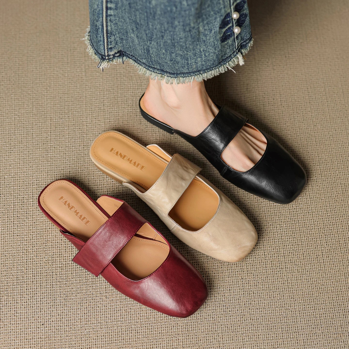 Anna-Berg | Black Square Toe Chunky Heel Leather Mules
