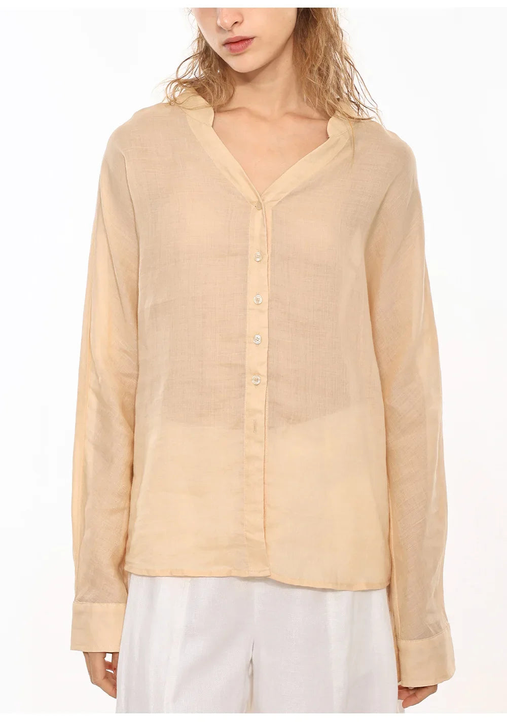 Anna-Berg | Collarless V-Neck Linen Shirt