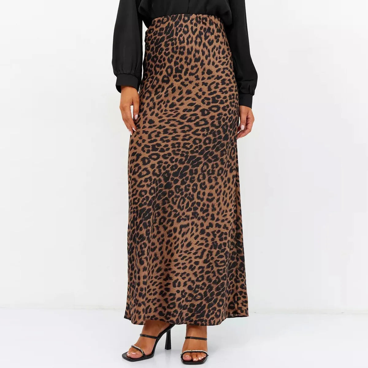Anna-Berg | Brown Leopard-Print Satin Midi Skirt