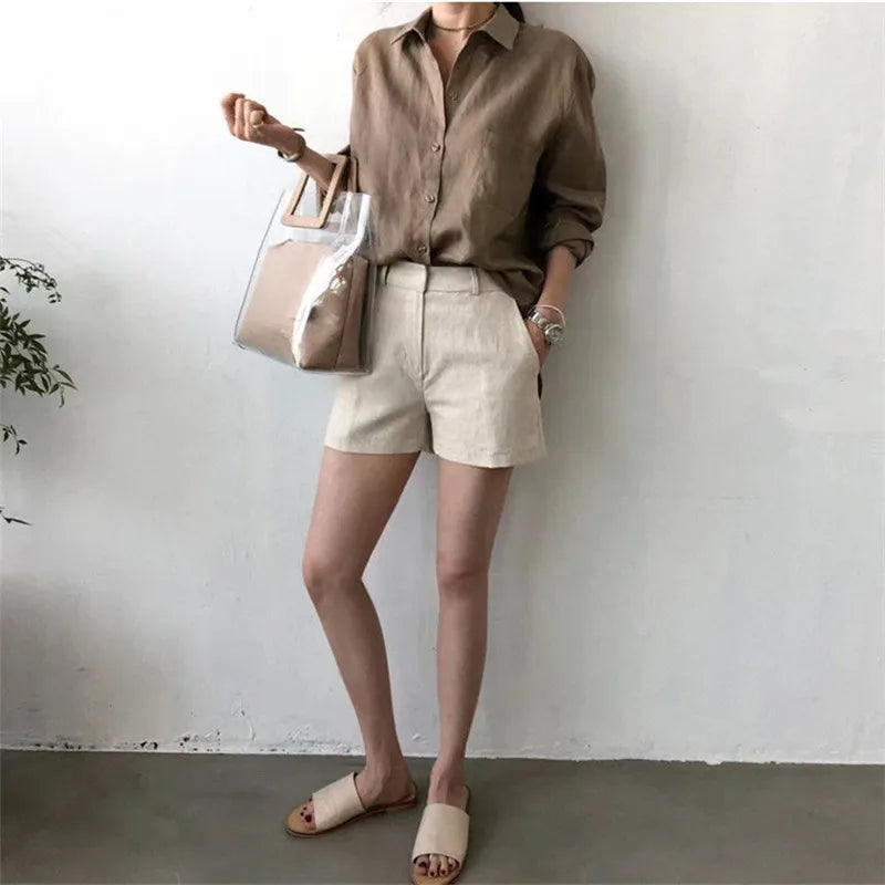 Anna-Berg | Natural Relaxed Fit Open Collar Linen Shirt
