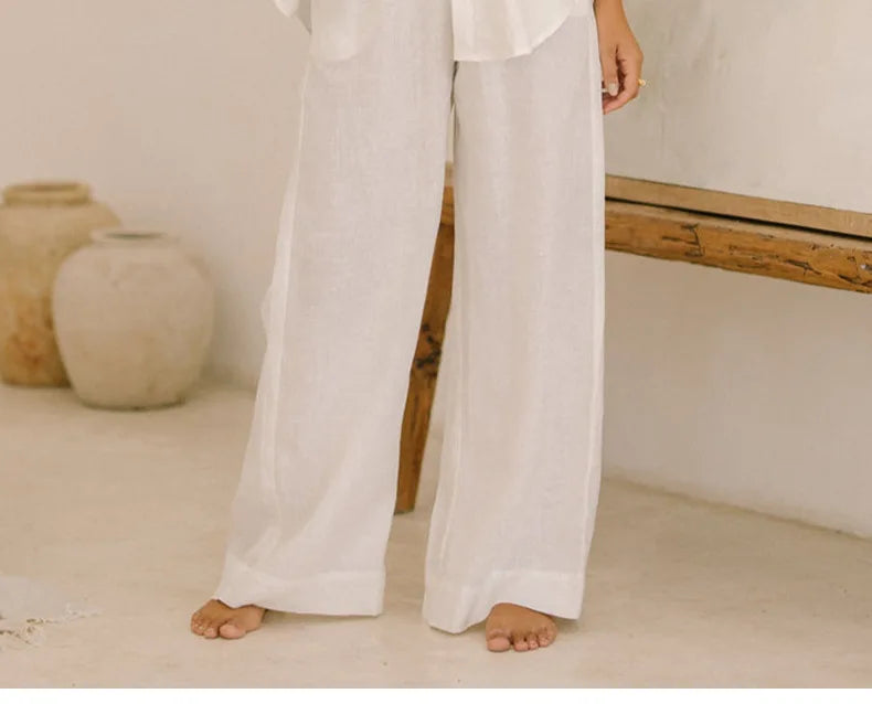 Anna-Berg | Ruffle-Waist Wide-Leg Linen Pant