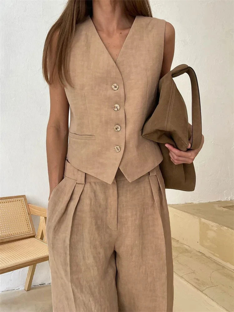Anna-Berg | Natural Relaxed-Fit Belted Linen Trouser Set