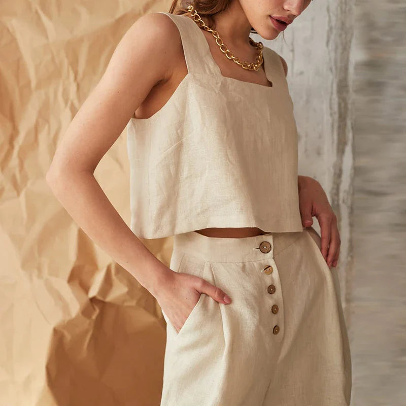 Anna-Berg | Natural Square-Neck Cropped Linen Tank