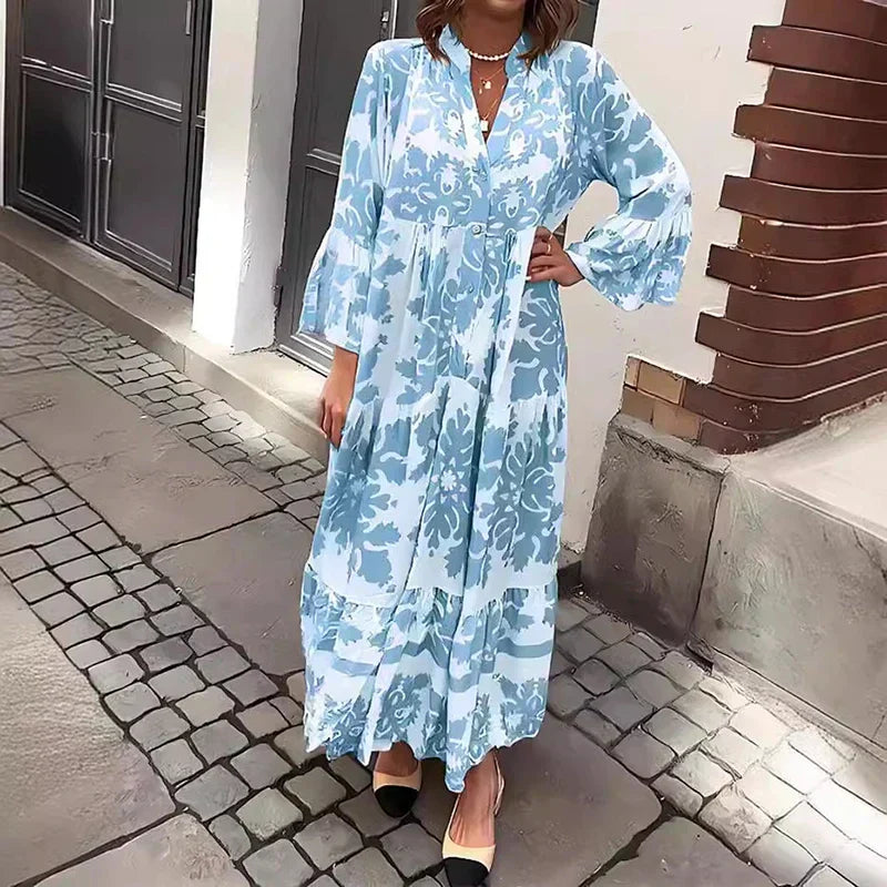 Anna-Berg | Boho Printed Long Sleeve Midi Dress with Graceful Drape